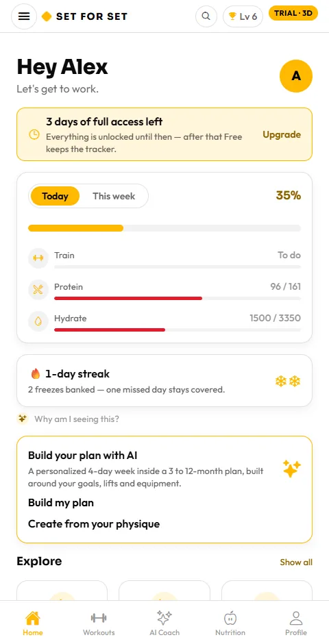 Today in the app: the workout, protein and water for the day