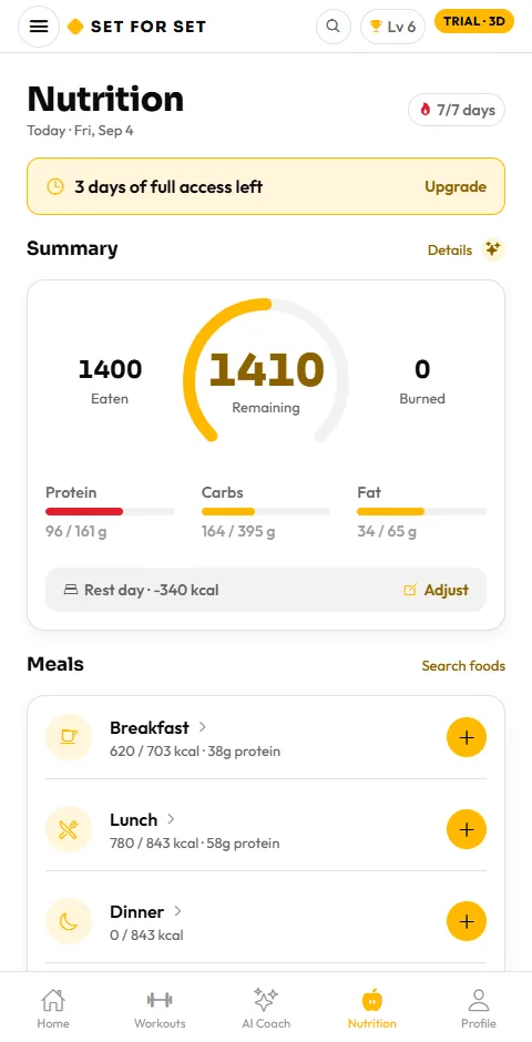Nutrition in the app: daily targets and meals
