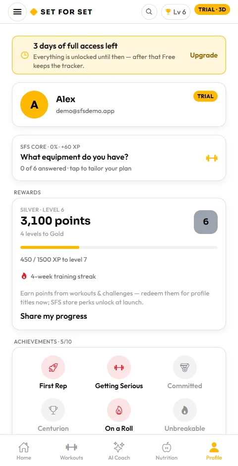 Profile screen with progress and level